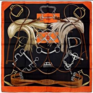 Hermes Orange and Black Silk Scarf
